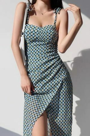 Blue Green Square Pattern Midi Dress Spaghetti Strap Sundress Y2K Aesthetic Streetwear