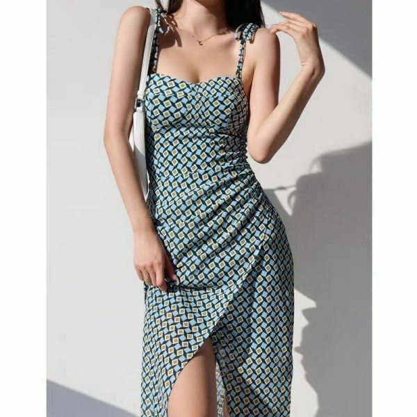 Blue Green Square Pattern Midi Dress Spaghetti Strap Sundress Y2K Aesthetic Streetwear