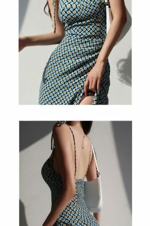 Blue Green Square Pattern Midi Dress Spaghetti Strap Sundress Y2K Aesthetic Streetwear