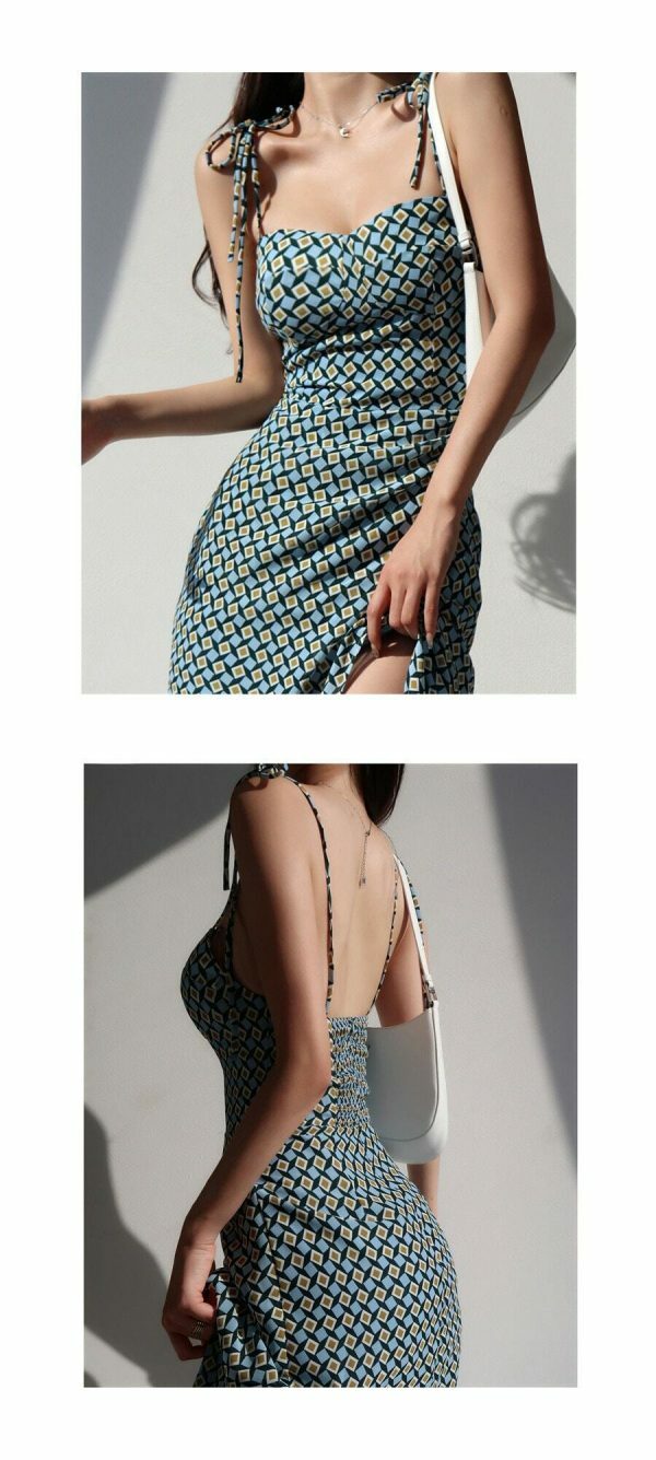 Blue Green Square Pattern Midi Dress Spaghetti Strap Sundress Y2K Aesthetic Streetwear