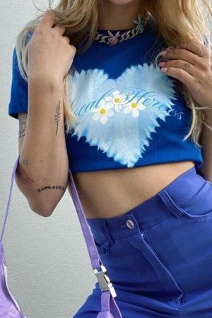 Blue Heart Print Y2K Crop Tee | Streetwear Aesthetic Daisy T-shirt Women's Cute E-Girl Top