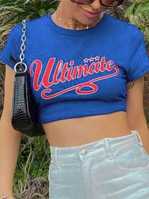 Blue Slogan Crop Tee, Y2K Retro Letter Print Short Sleeve Top