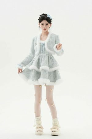 Blue Tweed Fur Dress & Jacket Coord Set | Y2K Streetwear Fashion