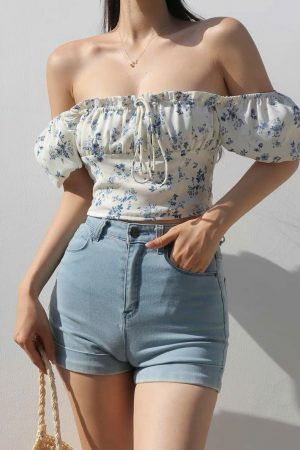 Blue White Floral Puff Sleeves Crop Top - Y2K Streetwear Aesthetic