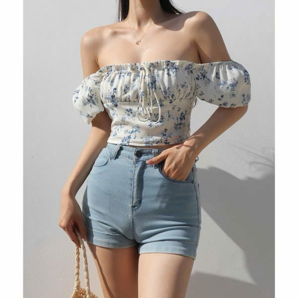 Blue White Floral Puff Sleeves Crop Top - Y2K Streetwear Aesthetic