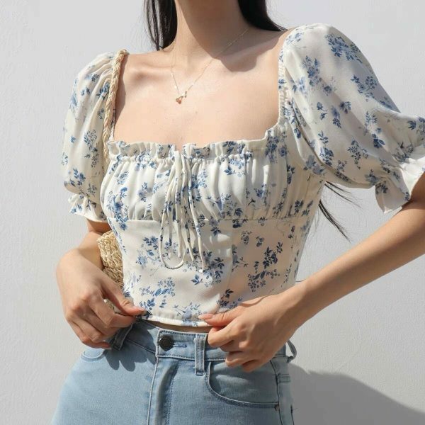 Blue White Floral Puff Sleeves Crop Top - Y2K Streetwear Aesthetic