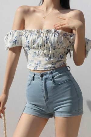 Blue White Floral Puff Sleeves Crop Top - Y2K Streetwear Aesthetic