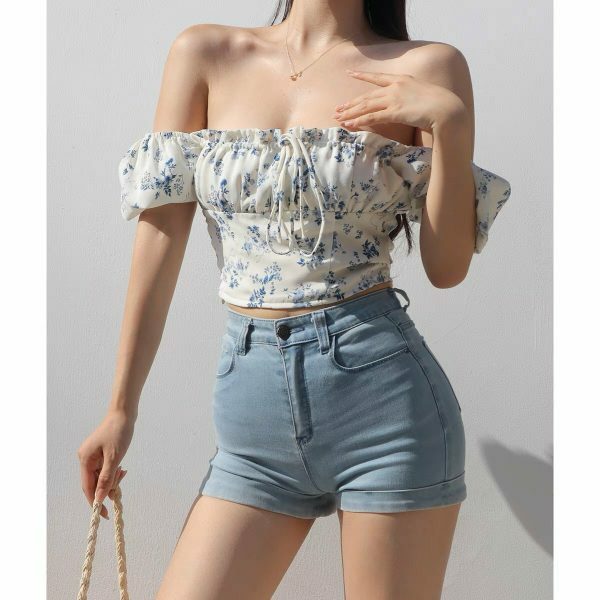 Blue White Floral Puff Sleeves Crop Top - Y2K Streetwear Aesthetic