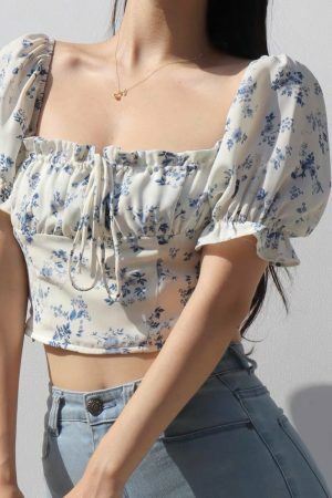 Blue White Floral Puff Sleeves Crop Top - Y2K Streetwear Aesthetic