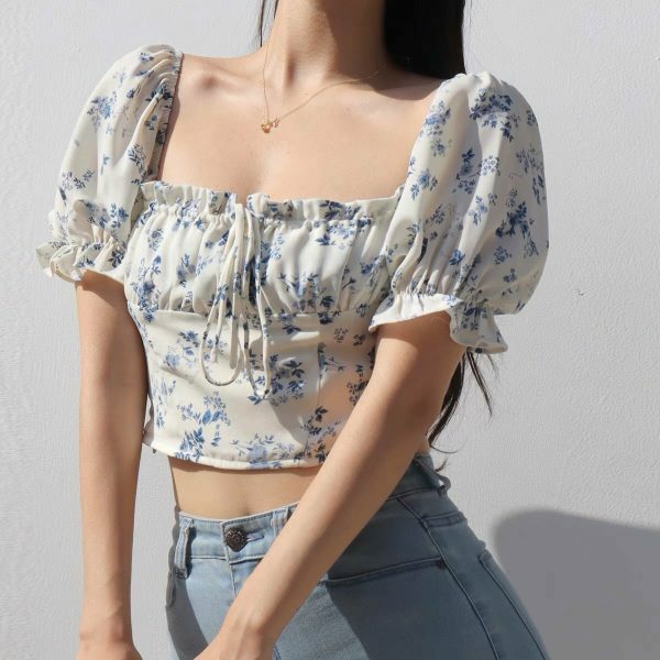 Blue White Floral Puff Sleeves Crop Top - Y2K Streetwear Aesthetic