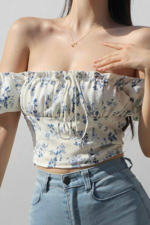 Blue White Floral Puff Sleeves Crop Top - Y2K Streetwear Aesthetic