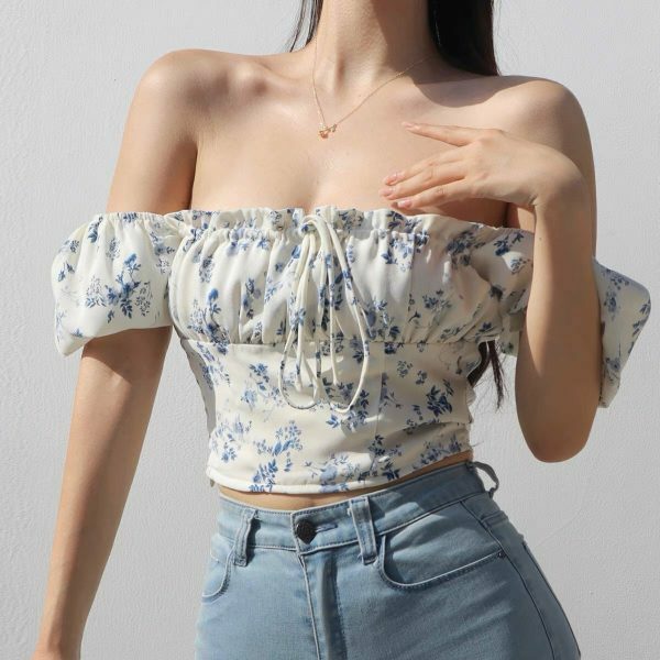 Blue White Floral Puff Sleeves Crop Top - Y2K Streetwear Aesthetic