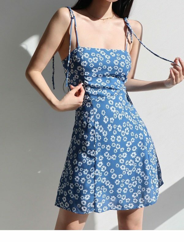 Blue White Floral Tie Strap Chiffon Mini Dress Y2K Streetwear Aesthetic