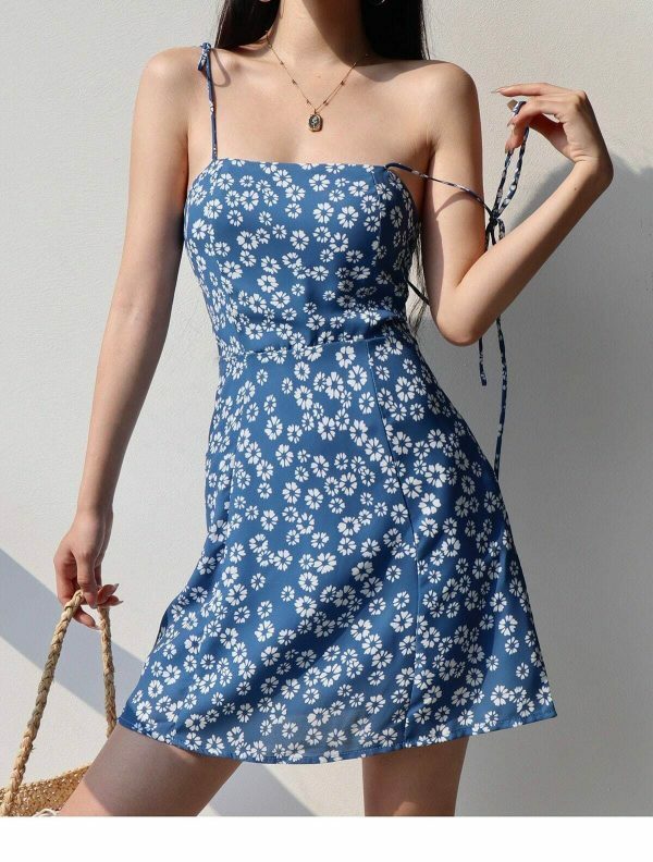 Blue White Floral Tie Strap Chiffon Mini Dress Y2K Streetwear Aesthetic