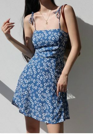 Blue White Floral Tie Strap Chiffon Mini Dress Y2K Streetwear Aesthetic