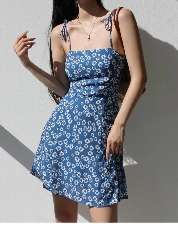 Blue White Floral Tie Strap Chiffon Mini Dress Y2K Streetwear Aesthetic