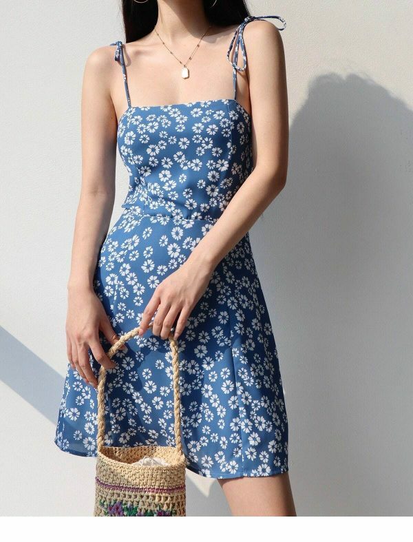 Blue White Floral Tie Strap Chiffon Mini Dress Y2K Streetwear Aesthetic