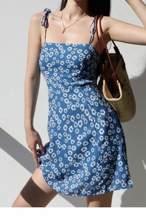 Blue White Floral Tie Strap Chiffon Mini Dress Y2K Streetwear Aesthetic