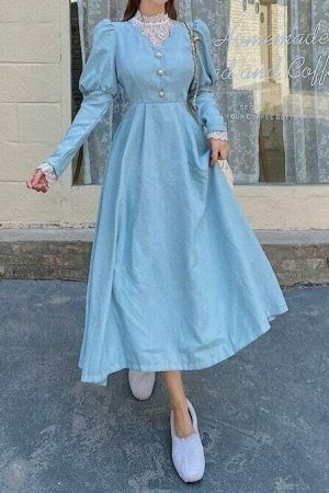 Blue Y2K Lace Midi Dress - Vintage Streetwear Fashion