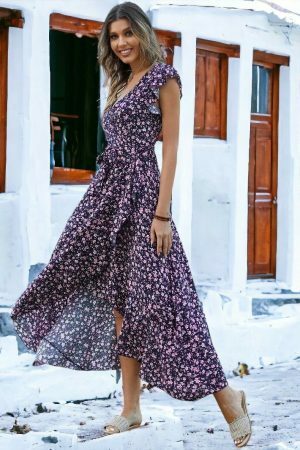 Bohemian Floral Print Irregular Slit Y2K Streetwear Summer Dress