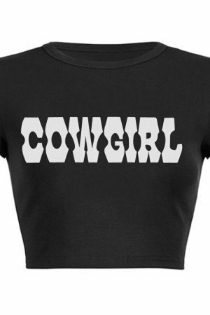 Brown Cowgirl Y2K Retro Letter Print Crop Tee - Women's Streetwear Top