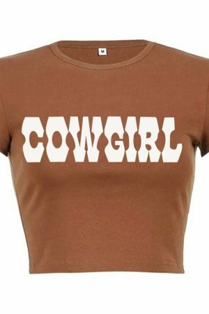 Brown Cowgirl Y2K Retro Letter Print Crop Tee - Women's Streetwear Top