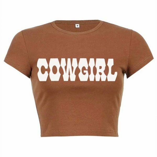 Brown Cowgirl Y2K Retro Letter Print Crop Tee - Women's Streetwear Top