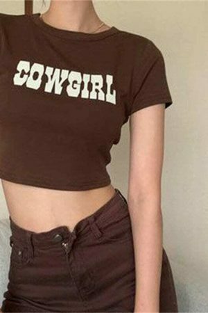 Brown Cowgirl Y2K Retro Letter Print Crop Tee - Women's Streetwear Top