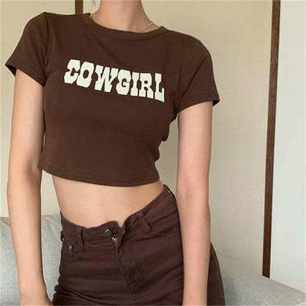 Brown Cowgirl Y2K Retro Letter Print Crop Tee - Women's Streetwear Top