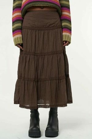 Brown Pleated Midi Skirt - Vintage Grunge Kawaii Retro Aesthetic