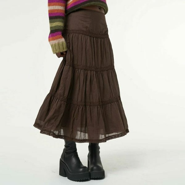 Brown Pleated Midi Skirt - Vintage Grunge Kawaii Retro Aesthetic