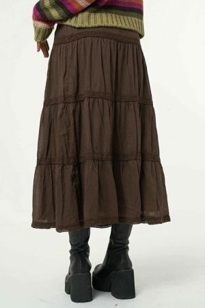 Brown Pleated Midi Skirt - Vintage Grunge Kawaii Retro Aesthetic