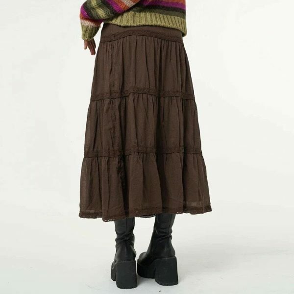 Brown Pleated Midi Skirt - Vintage Grunge Kawaii Retro Aesthetic