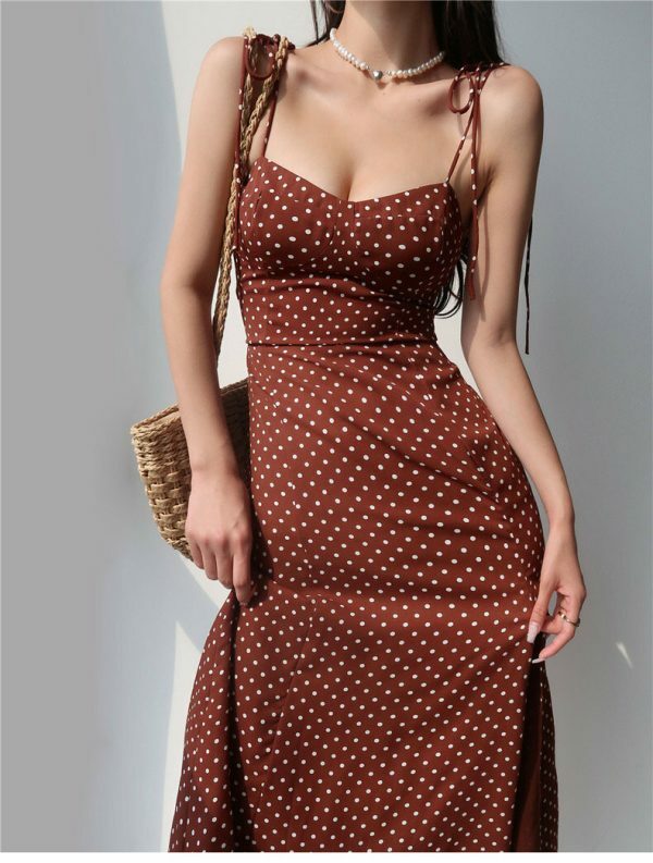 Brown Polka Dot Y2K Midi Strap Dress - Streetwear Fashion