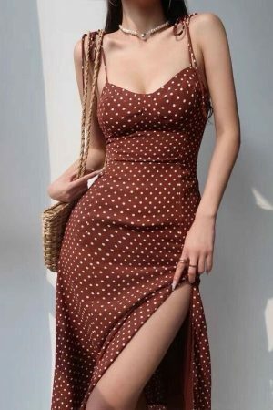 Brown Polka Dot Y2K Midi Strap Dress - Streetwear Fashion