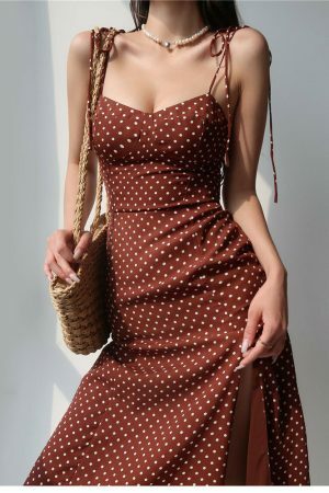 Brown Polka Dot Y2K Midi Strap Dress - Streetwear Fashion