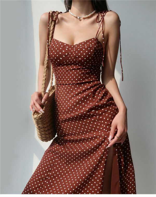 Brown Polka Dot Y2K Midi Strap Dress - Streetwear Fashion