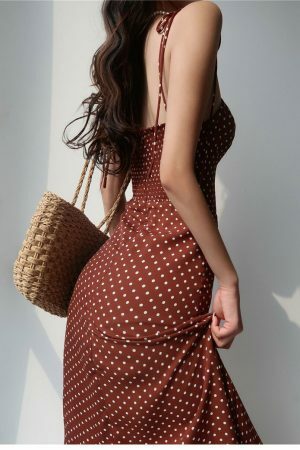 Brown Polka Dot Y2K Midi Strap Dress - Streetwear Fashion