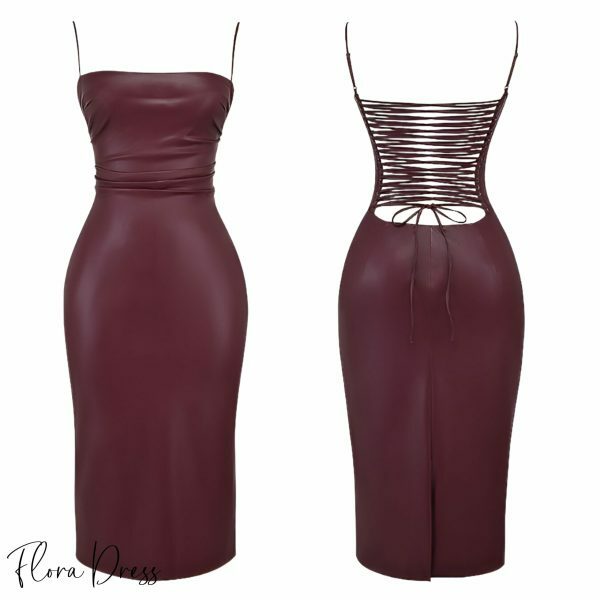 Burgundy Leather Dress with Lace-Up Back - Y2K Streetwear for Night Out and Parties