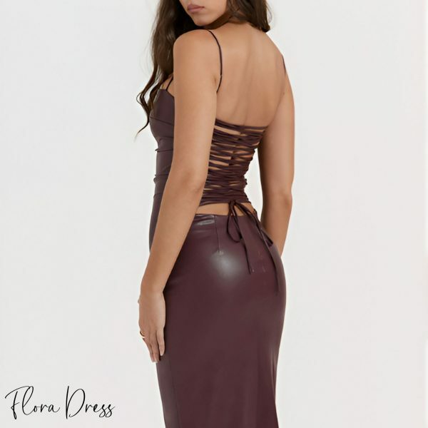 Burgundy Leather Dress with Lace-Up Back - Y2K Streetwear for Night Out and Parties