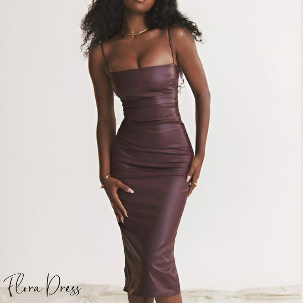 Burgundy Leather Dress with Lace-Up Back - Y2K Streetwear for Night Out and Parties