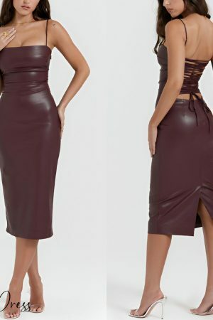 Burgundy Leather Dress with Lace-Up Back - Y2K Streetwear for Night Out and Parties