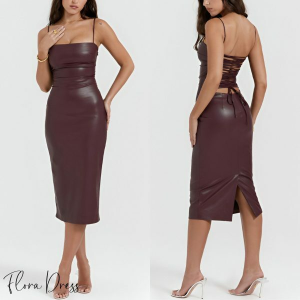 Burgundy Leather Dress with Lace-Up Back - Y2K Streetwear for Night Out and Parties