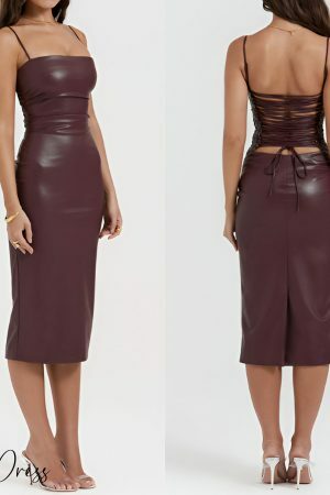 Burgundy Leather Dress with Lace-Up Back - Y2K Streetwear for Night Out and Parties