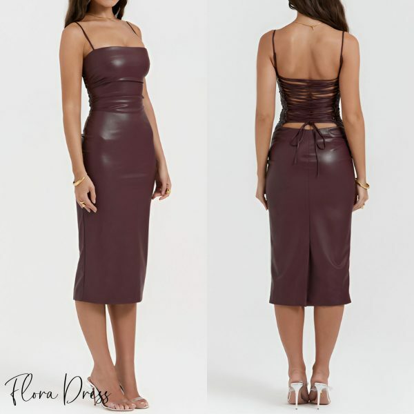 Burgundy Leather Dress with Lace-Up Back - Y2K Streetwear for Night Out and Parties