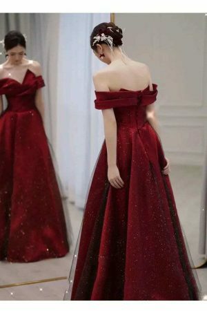 Burgundy Sequin Strapless Evening Dress, Y2K Aesthetic, Streetwear Fashion