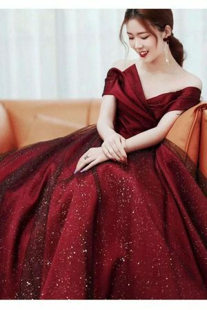 Burgundy Sequin Strapless Evening Dress, Y2K Aesthetic, Streetwear Fashion