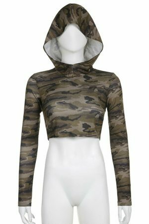 Camouflage Hollow Out Long Sleeve Hooded Crop Top - Y2K Streetwear Fashion