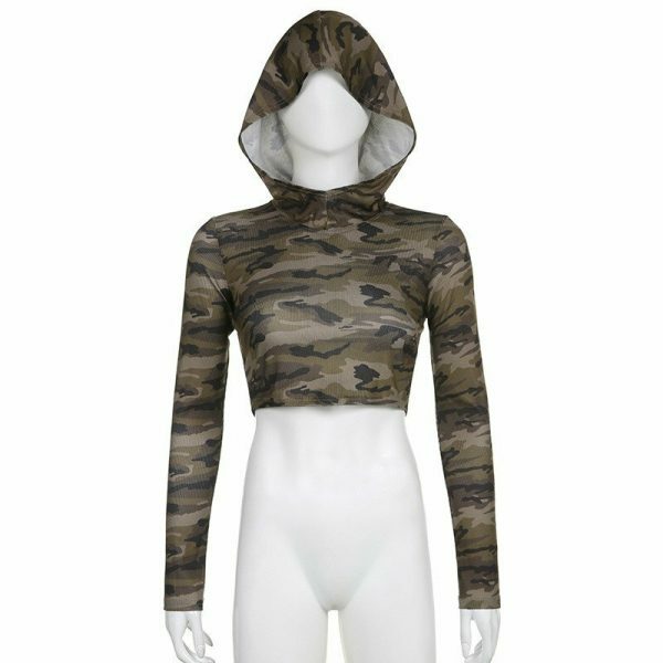 Camouflage Hollow Out Long Sleeve Hooded Crop Top - Y2K Streetwear Fashion