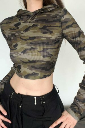 Camouflage Hollow Out Long Sleeve Hooded Crop Top - Y2K Streetwear Fashion